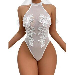 Women Teddy Lingerie Sexy Mesh Bodysuit White